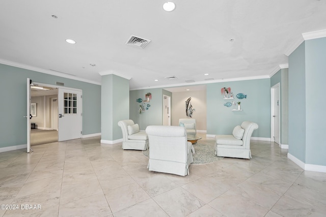 2 Oceans W Blvd Unit 707, Daytona Beach, FL 32118 - living area featuring ornamental molding, light marble finish floors, recessed lighting, and baseboards