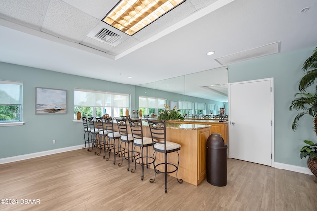 bar with light stone countertops, decorative light fixtures, a wealth of natural light, and light hardwood / wood-style flooring