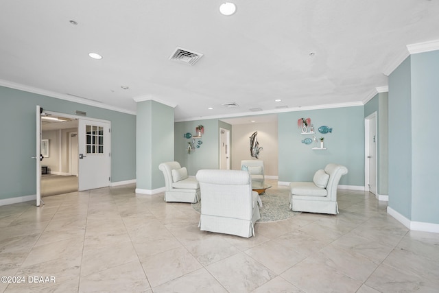 living room with ornamental molding