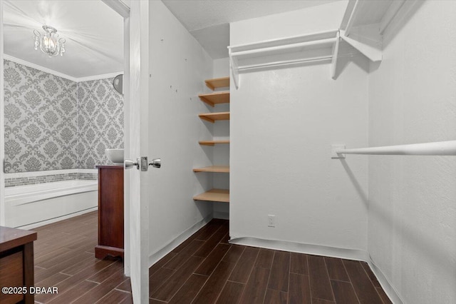 spacious closet with a chandelier