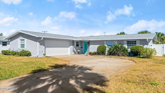 single story home with a garage and a front yard