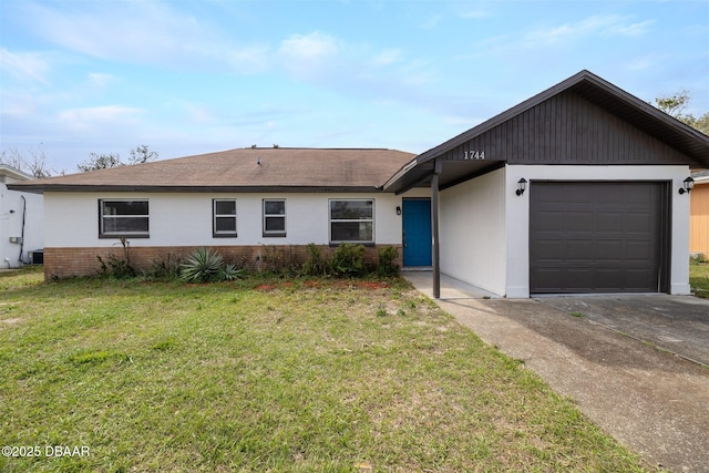 single story home with a garage, driveway, brick siding, and a front lawn