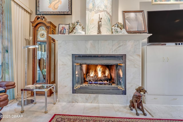 67 Kingsley Ln, Ormond Beach, FL 32174 - details featuring carpet floors and a tiled fireplace