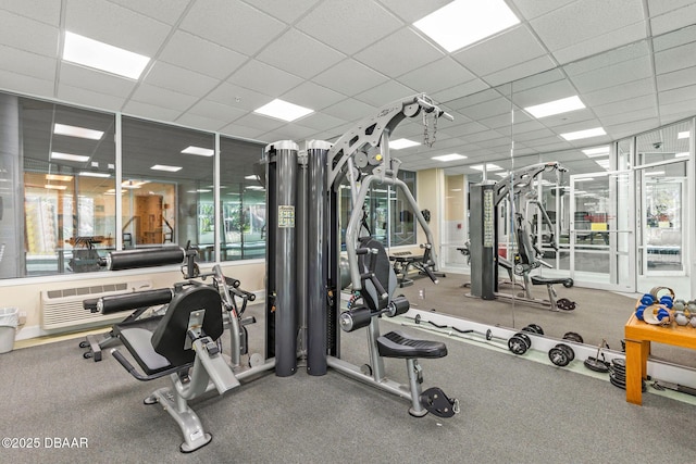 workout area with plenty of natural light and a drop ceiling