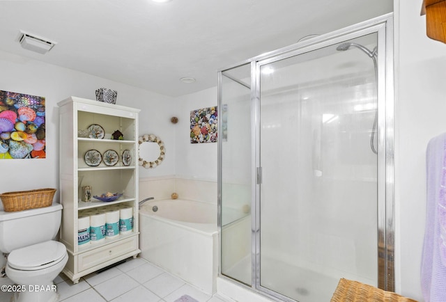 full bath featuring a stall shower, toilet, tile patterned floors, and visible vents
