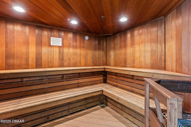 view of sauna featuring recessed lighting and wood finished floors
