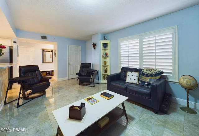 living room with a textured ceiling