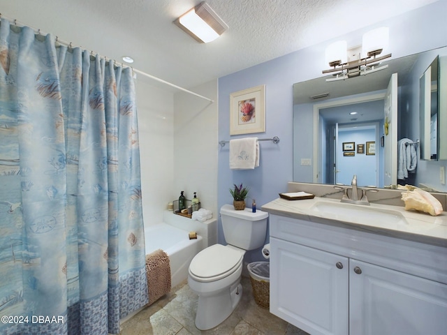 full bathroom with toilet, vanity, shower / bath combination with curtain, and a textured ceiling