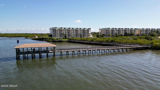 view of dock with a water view