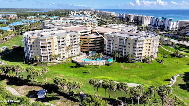 drone / aerial view with a water view