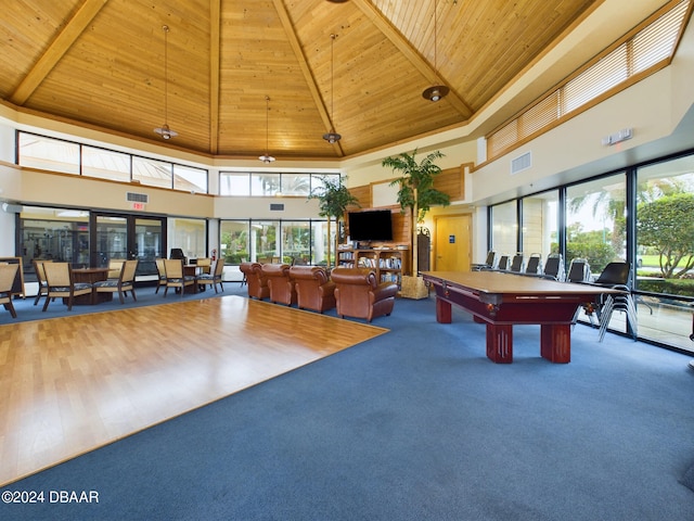 recreation room featuring carpet, beam ceiling, a high ceiling, pool table, and wooden ceiling