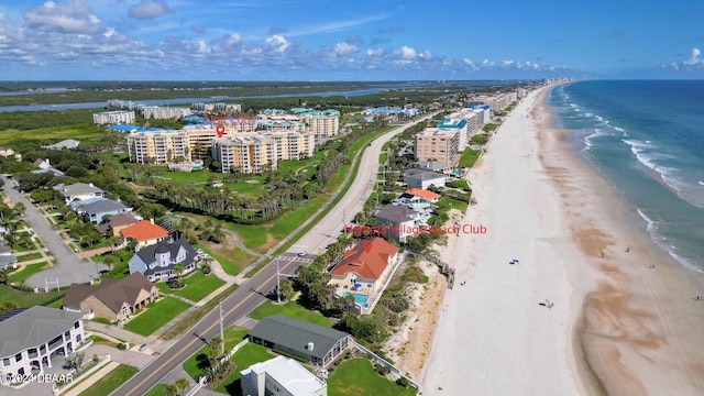 bird's eye view with a view of the beach and a water view