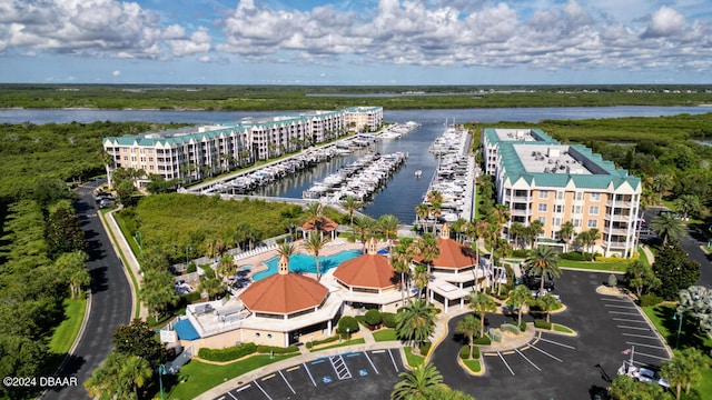 bird's eye view with a water view