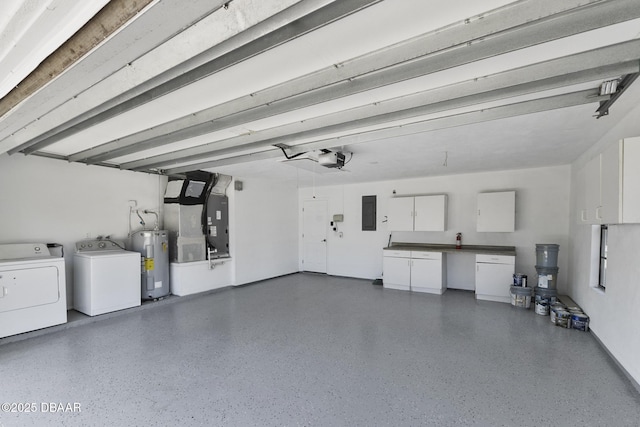 garage with electric water heater, heating unit, washing machine and clothes dryer, electric panel, and a garage door opener