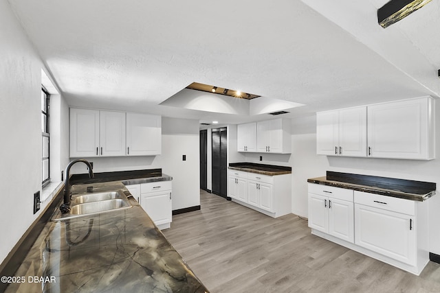 kitchen featuring white cabinets, light wood-type flooring, a raised ceiling, and sink