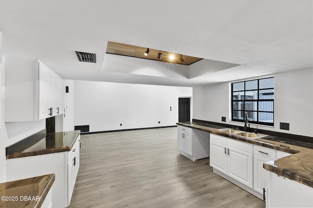 kitchen featuring light hardwood / wood-style flooring, white cabinetry, sink, and a tray ceiling