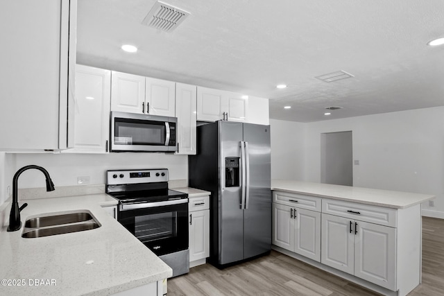 1324 Powers Ave, Holly Hill, FL 32117 - kitchen featuring appliances with stainless steel finishes, a peninsula, light wood-style floors, recessed lighting, and white cabinetry