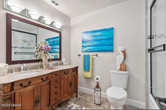 full bath with visible vents, a sink, toilet, and an enclosed shower