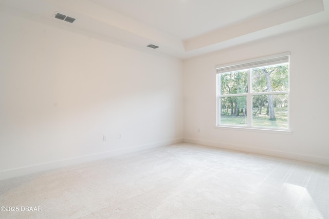 carpeted empty room featuring a tray ceiling