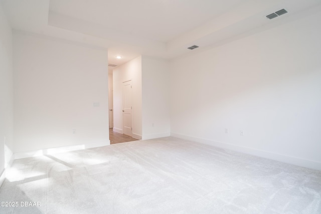 empty room featuring light carpet and a tray ceiling