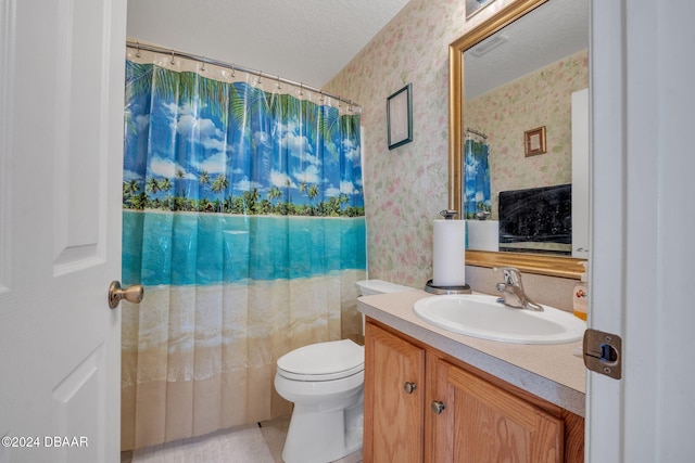 316 Dahoon Holly Dr, Daytona Beach, FL 32117 - full bathroom with wallpapered walls, vanity, toilet, and a shower with shower curtain