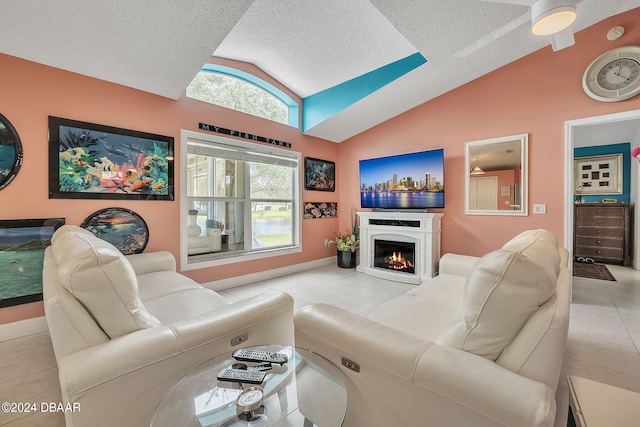 316 Dahoon Holly Dr, Daytona Beach, FL 32117 - tiled living area featuring lofted ceiling, a lit fireplace, a textured ceiling, ceiling fan, and baseboards