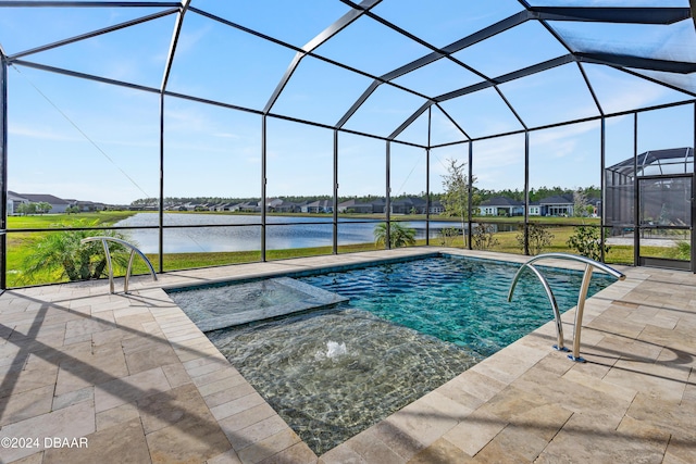 view of swimming pool with a patio area, a lanai, a jacuzzi, and a water view