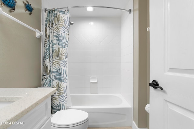 full bathroom featuring toilet, vanity, and shower / bathtub combination with curtain