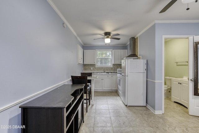 1420 Carol Lee St, Daytona Beach, FL 32117 - kitchen with a ceiling fan, freestanding refrigerator, wall chimney exhaust hood, crown molding, and decorative backsplash