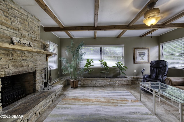 1420 Carol Lee St, Daytona Beach, FL 32117 - living area with beam ceiling and a stone fireplace