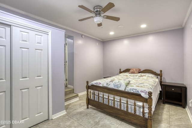 1420 Carol Lee St, Daytona Beach, FL 32117 - bedroom featuring baseboards, recessed lighting, ceiling fan, and ornamental molding