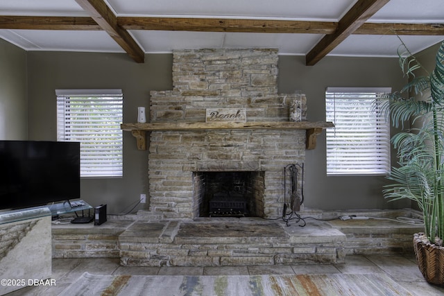 1420 Carol Lee St, Daytona Beach, FL 32117 - living room with beam ceiling, a fireplace, coffered ceiling, wood finished floors, and ornamental molding