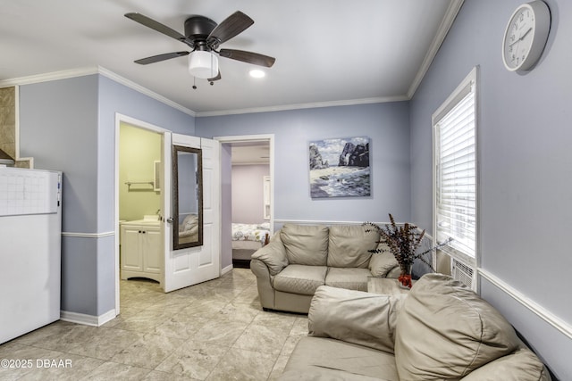 1420 Carol Lee St, Daytona Beach, FL 32117 - living room featuring plenty of natural light, ornamental molding, a ceiling fan, and baseboards