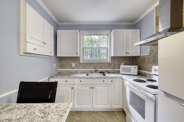 1420 Carol Lee St, Daytona Beach, FL 32117 - kitchen featuring white appliances, wall chimney exhaust hood, a sink, white cabinets, and backsplash