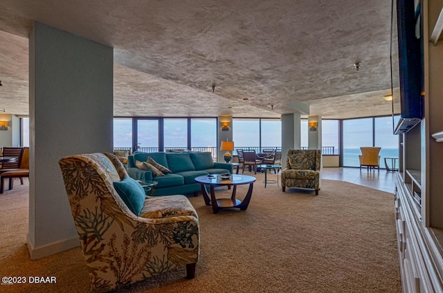 carpeted living room with expansive windows and a water view