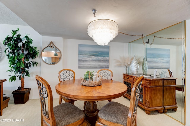 carpeted dining space with a chandelier and a textured ceiling