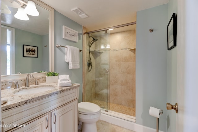 bathroom with tile patterned flooring, an enclosed shower, vanity, and toilet