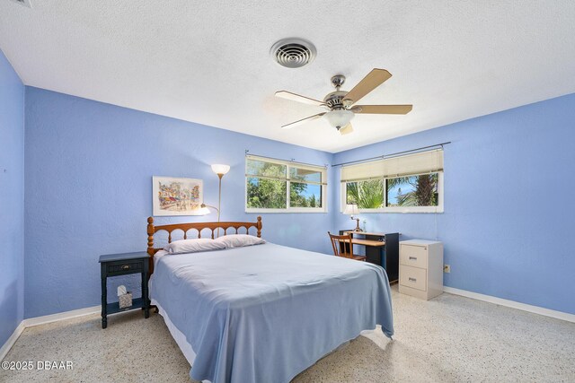 22 N St Andrews Dr, Ormond Beach, FL 32174 - bedroom with dark aggregate flooring, a textured ceiling, ceiling fan, and a textured wall