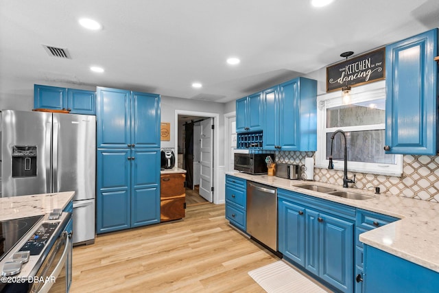 kitchen with stainless steel appliances, blue cabinetry, sink, and light wood-type flooring