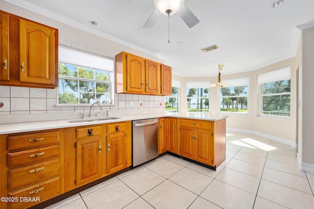 1650 Riverside Dr, Holly Hill, FL 32117 - kitchen featuring stainless steel dishwasher, decorative backsplash, light countertops, a peninsula, and crown molding