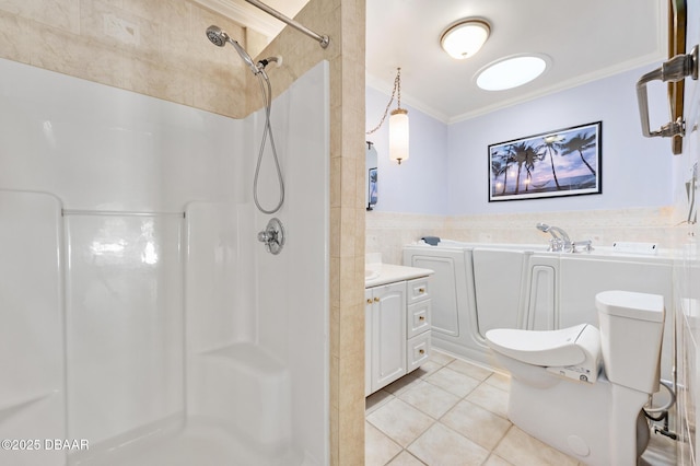 1650 Riverside Dr, Holly Hill, FL 32117 - full bath with tile walls, tile patterned floors, ornamental molding, a shower, and a garden tub