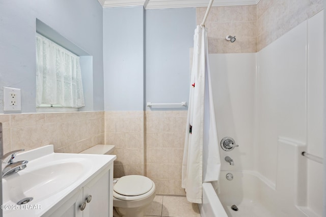 1650 Riverside Dr, Holly Hill, FL 32117 - bathroom featuring tile walls, shower / bath combo, vanity, tile patterned flooring, and ornamental molding