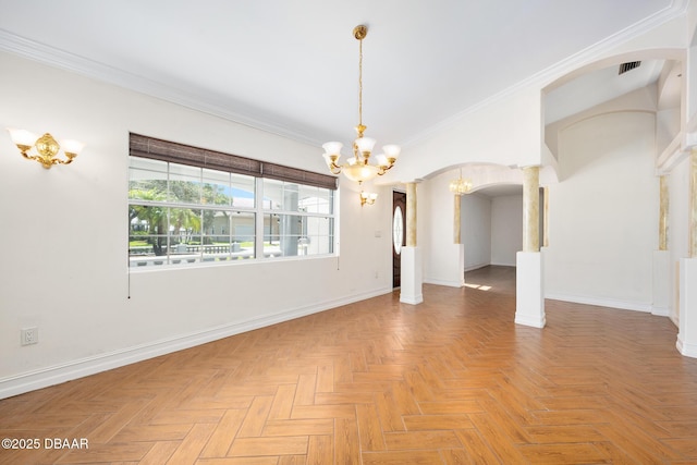 1650 Riverside Dr, Holly Hill, FL 32117 - empty room featuring a chandelier, arched walkways, decorative columns, and crown molding