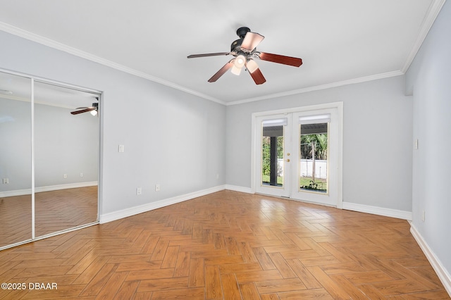 1650 Riverside Dr, Holly Hill, FL 32117 - unfurnished bedroom with access to outside, ornamental molding, french doors, and ceiling fan