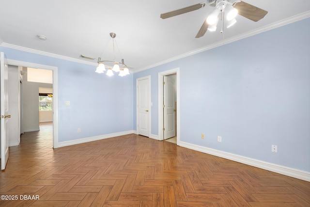 1650 Riverside Dr, Holly Hill, FL 32117 - empty room featuring ornamental molding, a ceiling fan, a chandelier, and a smoke detector