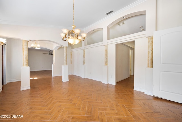 1650 Riverside Dr, Holly Hill, FL 32117 - empty room with a chandelier, arched walkways, ornamental molding, and ceiling fan