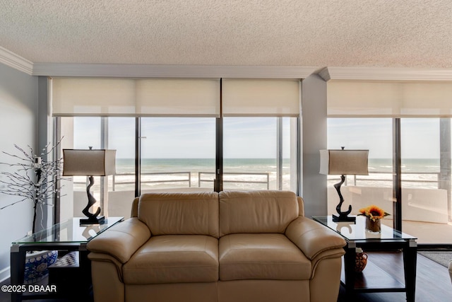 living room featuring a beach view, wood finished floors, a water view, a textured ceiling, and crown molding