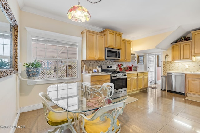 kitchen featuring crown molding, stainless steel appliances, backsplash, light tile patterned floors, and pendant lighting