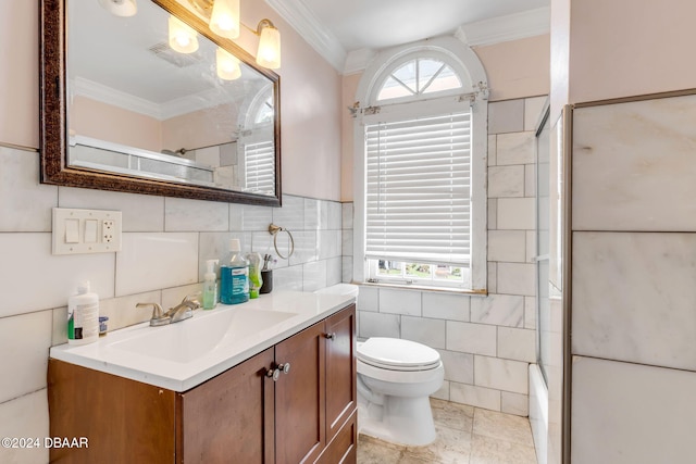 full bathroom with tile walls, vanity, a healthy amount of sunlight, and crown molding