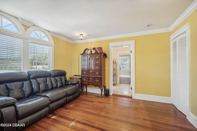 living room with hardwood / wood-style floors and ornamental molding